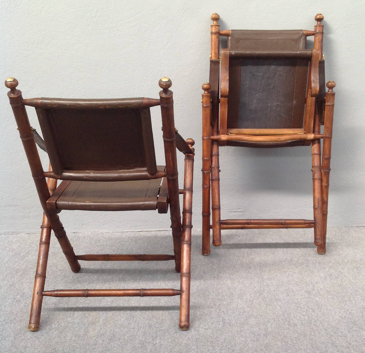 Mid-20th Century Nice Pair of Faux Bamboo and Leather Hunting Chairs
