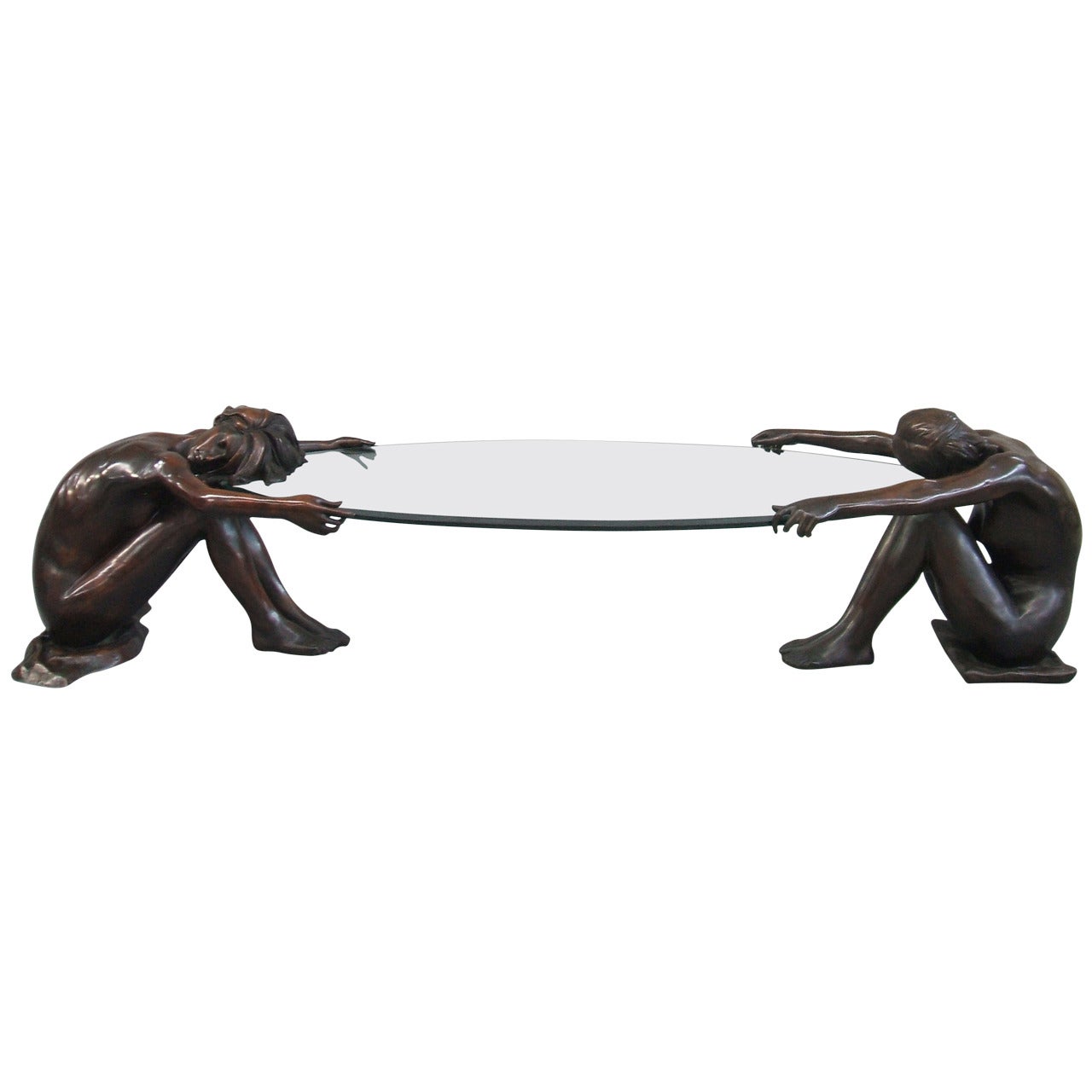 Rare Bronze Figures Base Coffee Table, Signed Moreau