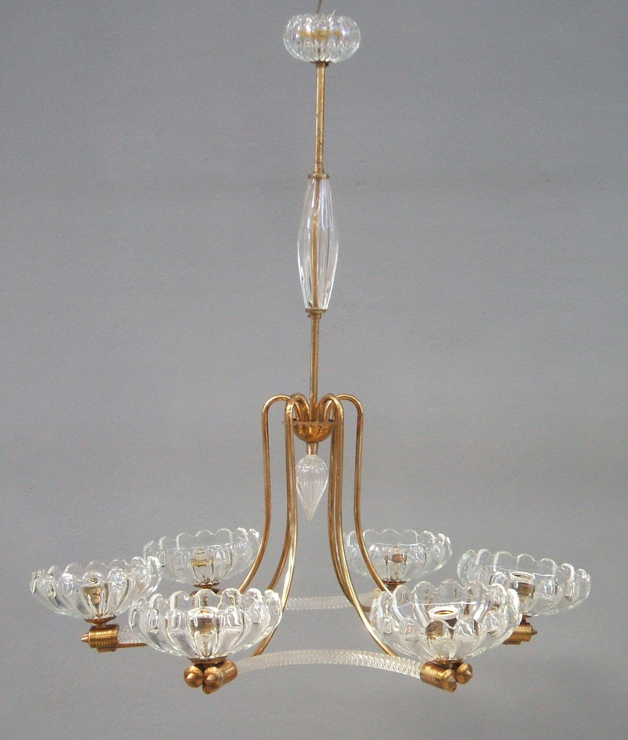 Six-light Murano hand lown glass by Barovier with brass details