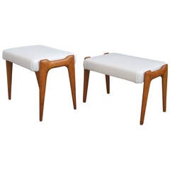Nice Pair of Wood and Leather Stools, in the Style of Ico Parisi