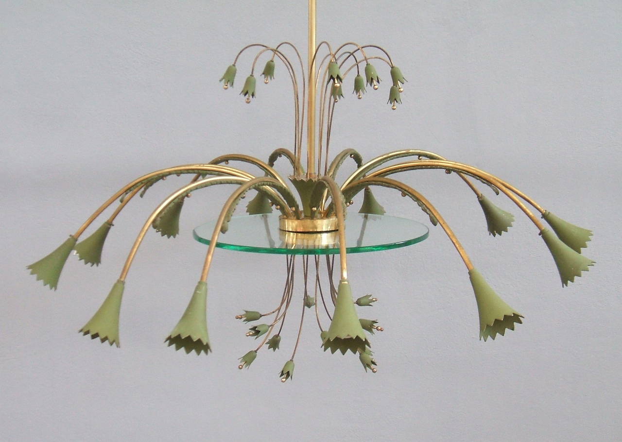 Brass and green laquered chandelier attribuited to Stilnovo.