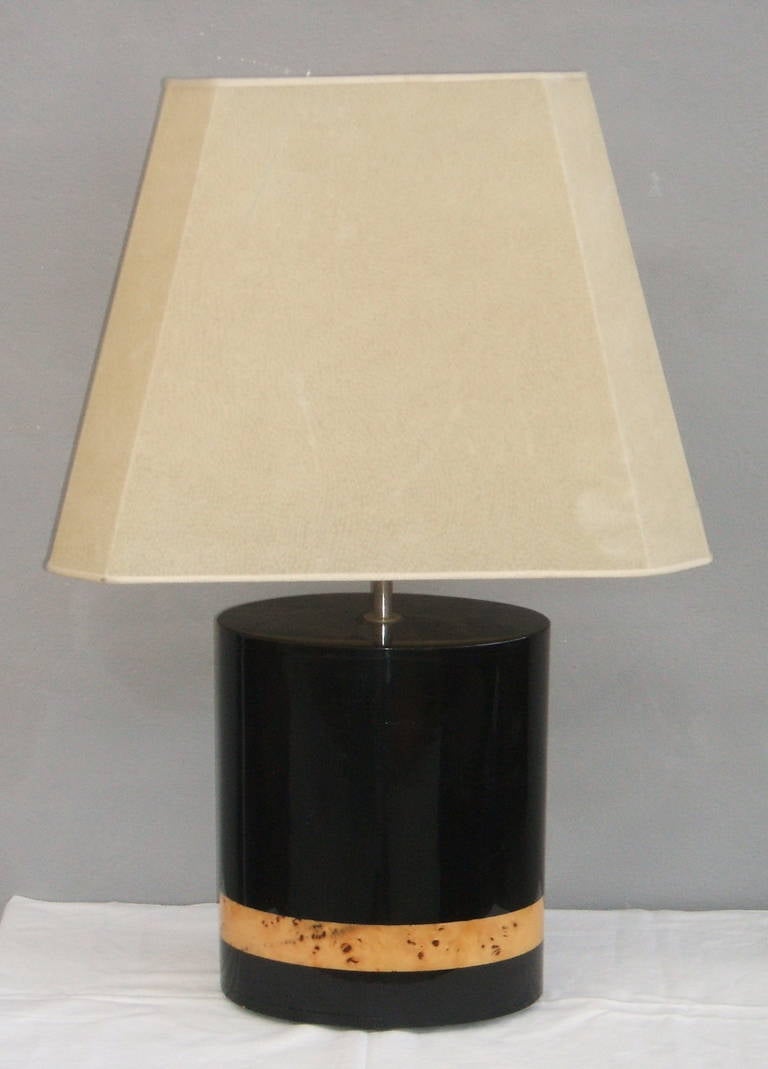 1970s black lacquered and burl wood oval table lamp.