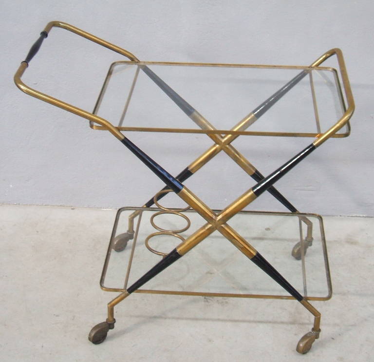 Cesare Lacca bar trolley, bottle holder, wood and brass.