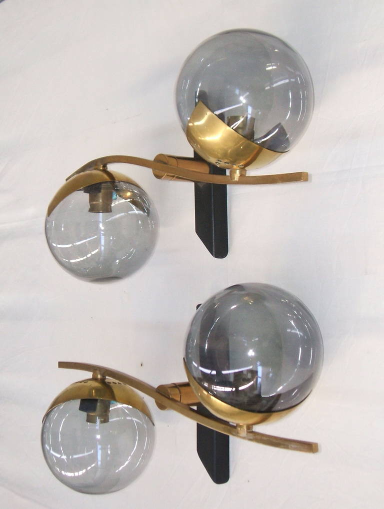 Mid-Century Modern Pair of Brass and Glass French Wall Sconces