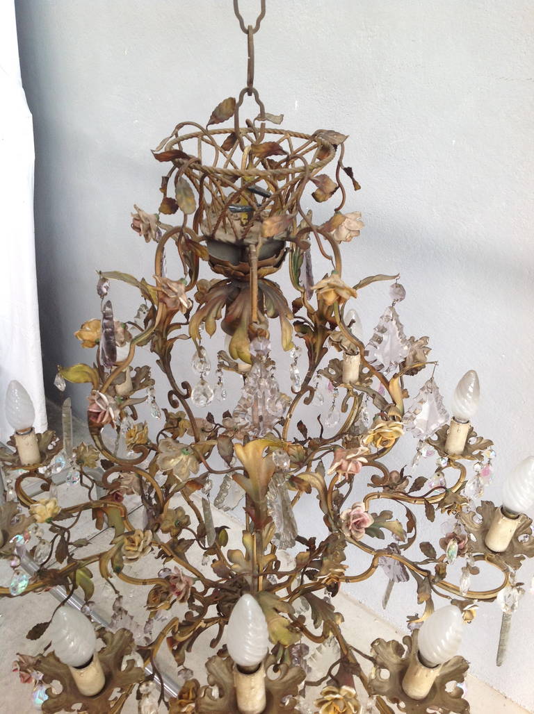 Mid-20th Century Elegant Brass, Crystal and Porcelain Flower Chandelier