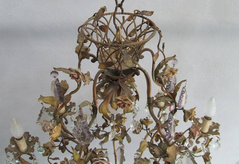 Mid-Century Modern Elegant Brass, Crystal and Porcelain Flower Chandelier
