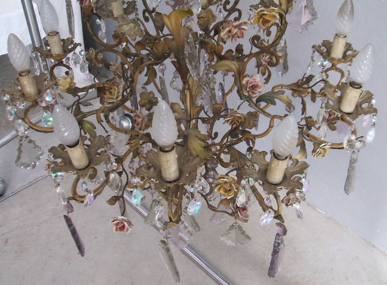 Italian Elegant Brass, Crystal and Porcelain Flower Chandelier