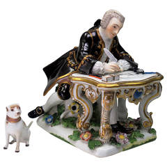 Antique Meissen Letter Writer with a Little Pug, circa 1740-1741