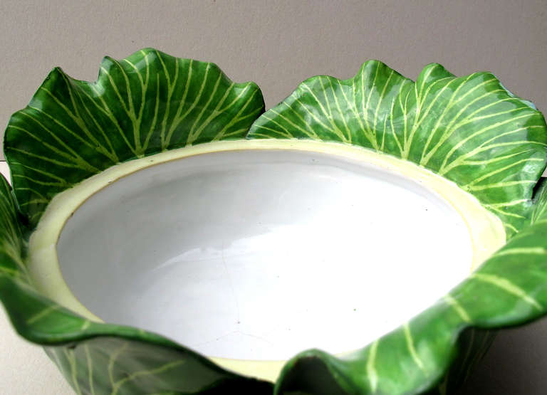 French Cabbage Head Pair of Trompe L'Oeil Faïence Terrines For Sale