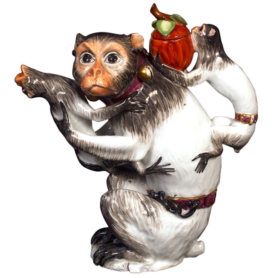 Meissen Mother Monkey Teapot with Two Babies For Sale