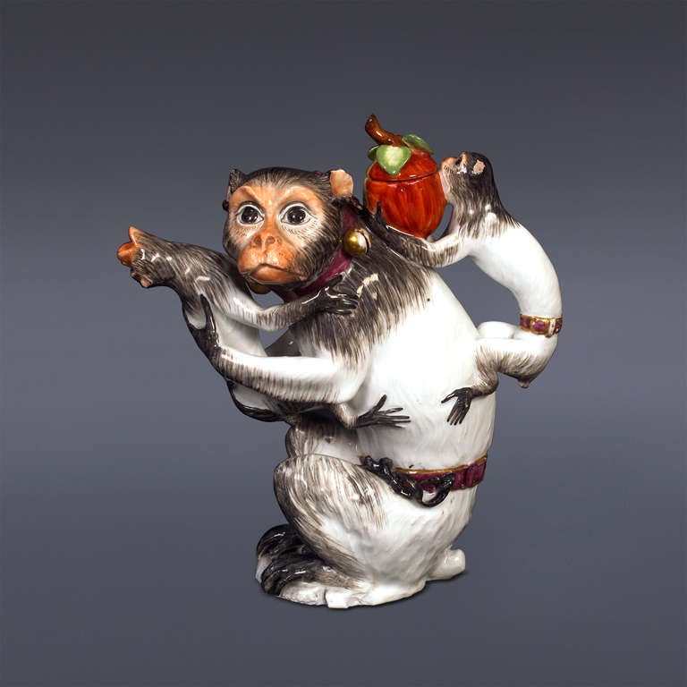 Meissen 1735
Model by Johann Joachim Kaendler 1735
Formed and painted circa 1735
Crossed swords mark on unglazed bottom
H. 6.7 inch

Kaendler created the mother monkey teapot in 1735. It is noted in his work record of July 1735:

