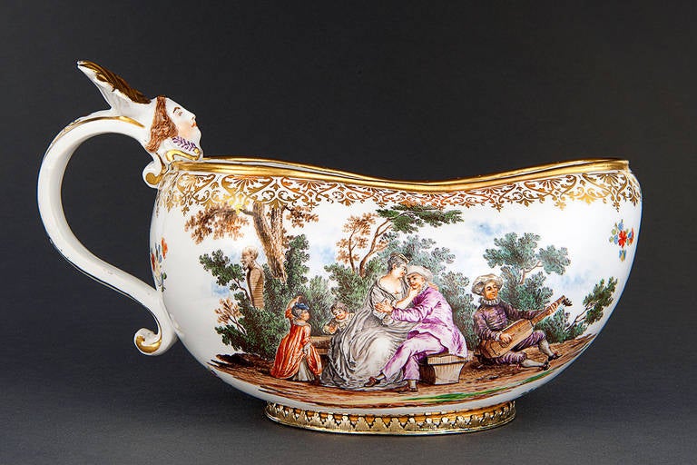 Rococo Rare Meissen Bourdalou with Figures of the Commedia dell'Arte after Lancret