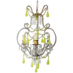 Antique French Crystal Beaded Yellow Opaline Drops & Beads  Chandelier