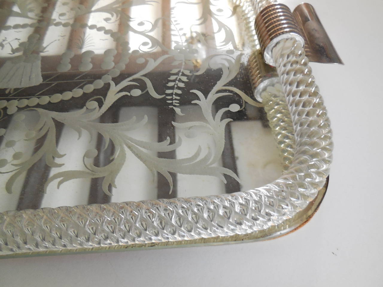 Mid-20th Century 1950 Murano Twisted Rope Mirror Vanity Tray Courting Scene For Sale