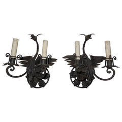 1940 French Pair of Wrought Iron Dragons Medieval Castle Sconces