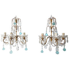 French Gilt Crystal with Murano Aqua Drops and Spears Sconces