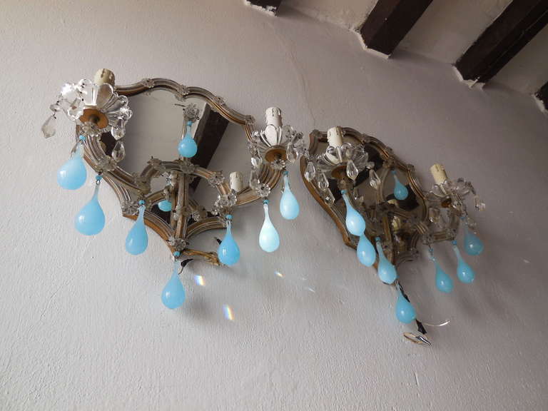 Italian Huge Mirrored Blue Opaline Drops Beads Bobeches Crystal Sconces In Excellent Condition In Firenze, Toscana