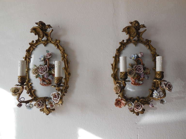 Italian Porcelain Flowers Basket Capodimonte Sconces