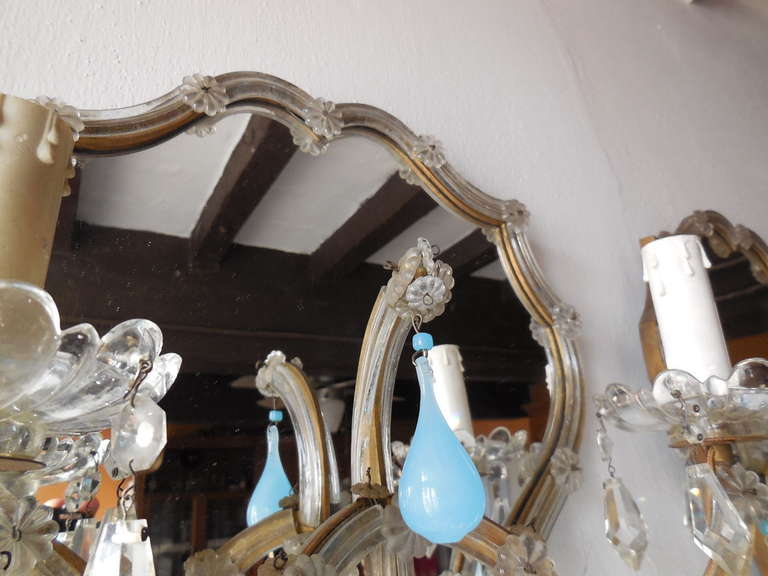 Mid-20th Century Italian Huge Mirrored Blue Opaline Drops Beads Bobeches Crystal Sconces