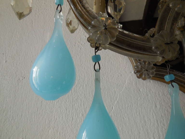 Italian Huge Mirrored Blue Opaline Drops Beads Bobeches Crystal Sconces 6
