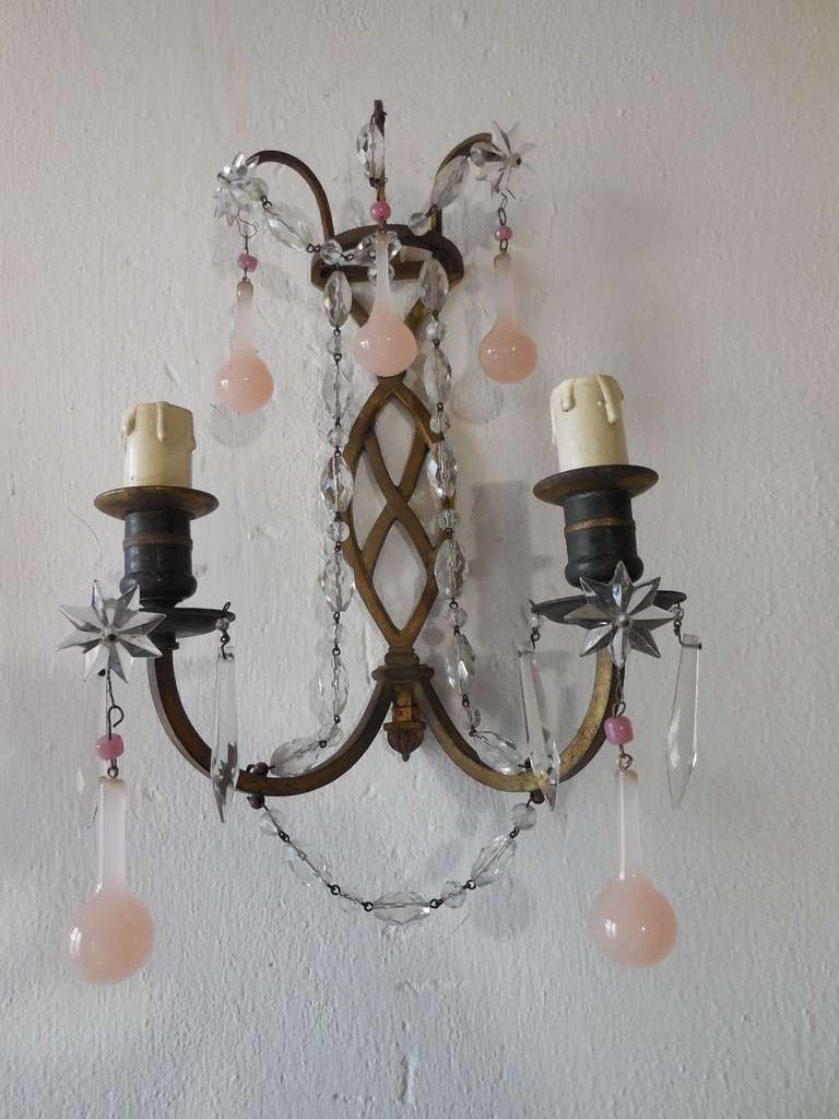 French Bronze Pink Opaline Drops with Beads and Crystal Sconces