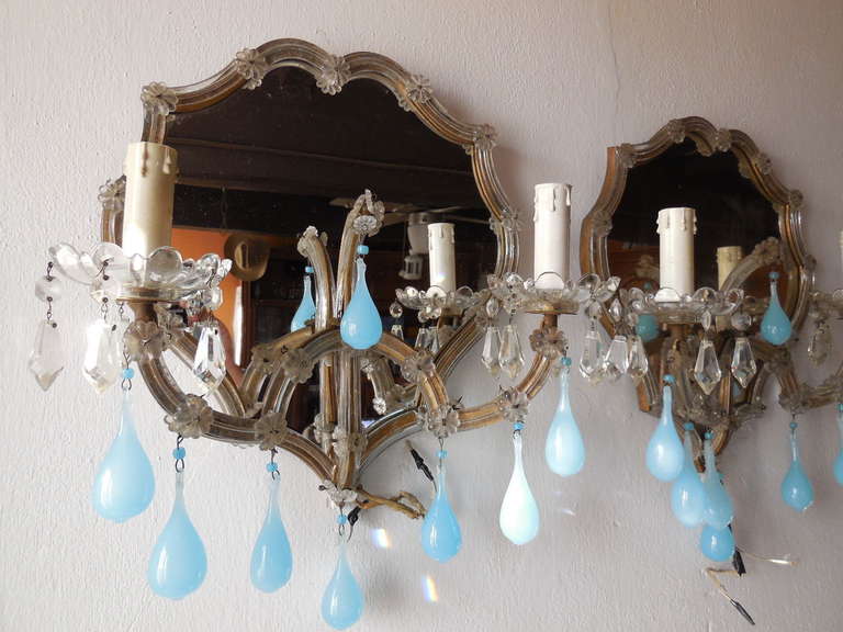 Italian Huge Mirrored Blue Opaline Drops Beads Bobeches Crystal Sconces 2