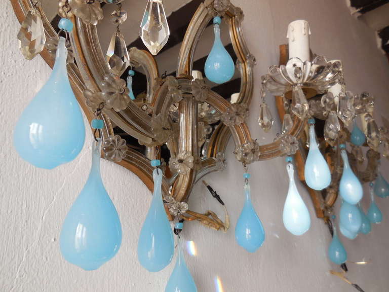 Italian Huge Mirrored Blue Opaline Drops Beads Bobeches Crystal Sconces 3