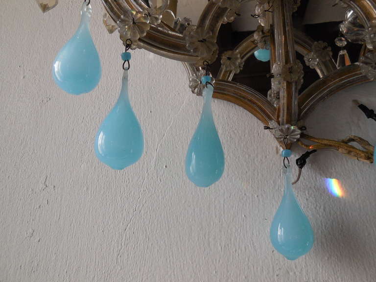 Italian Huge Mirrored Blue Opaline Drops Beads Bobeches Crystal Sconces 5