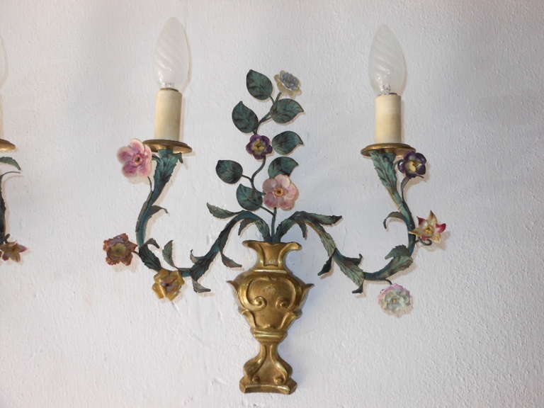 19th Century French Bronze Urns, Porcelain Roses Sconces