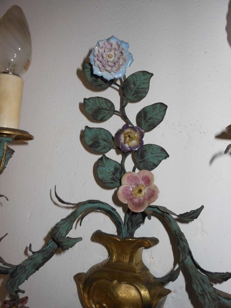 French Bronze Urns, Porcelain Roses Sconces 1