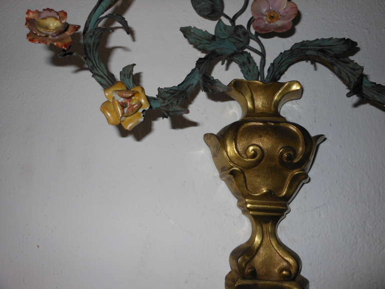 French Bronze Urns, Porcelain Roses Sconces 2