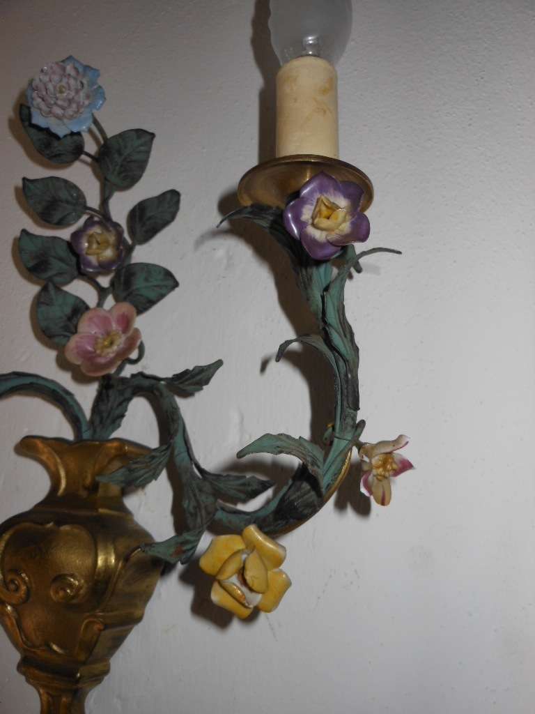French Bronze Urns, Porcelain Roses Sconces 3