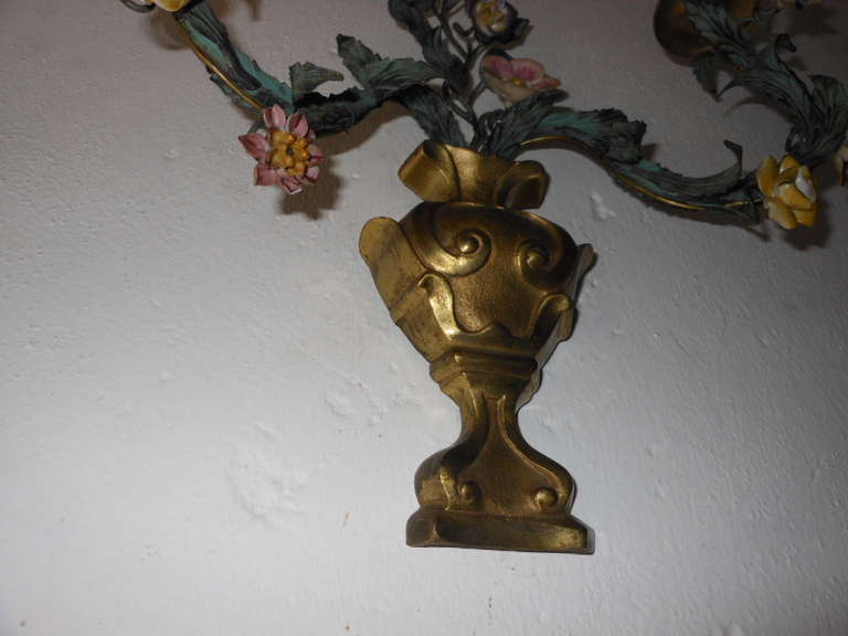 French Bronze Urns, Porcelain Roses Sconces 4