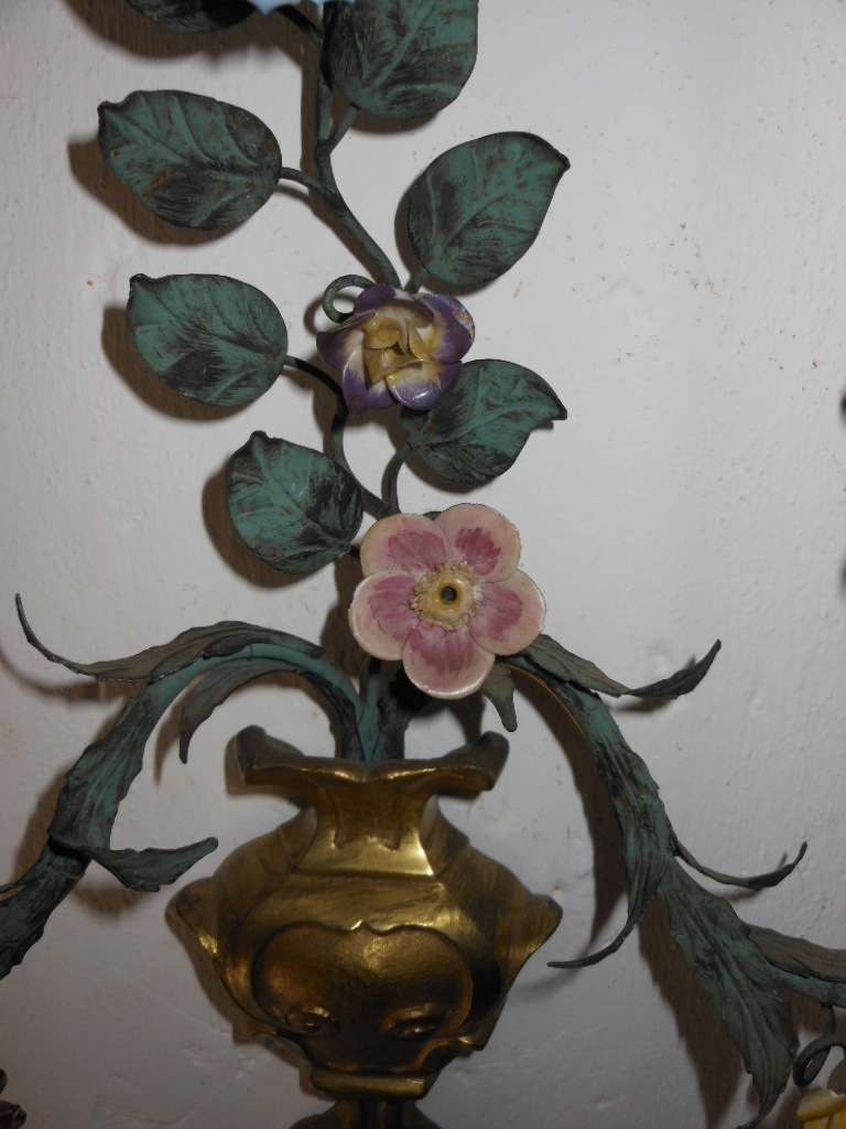 French Bronze Urns, Porcelain Roses Sconces 5