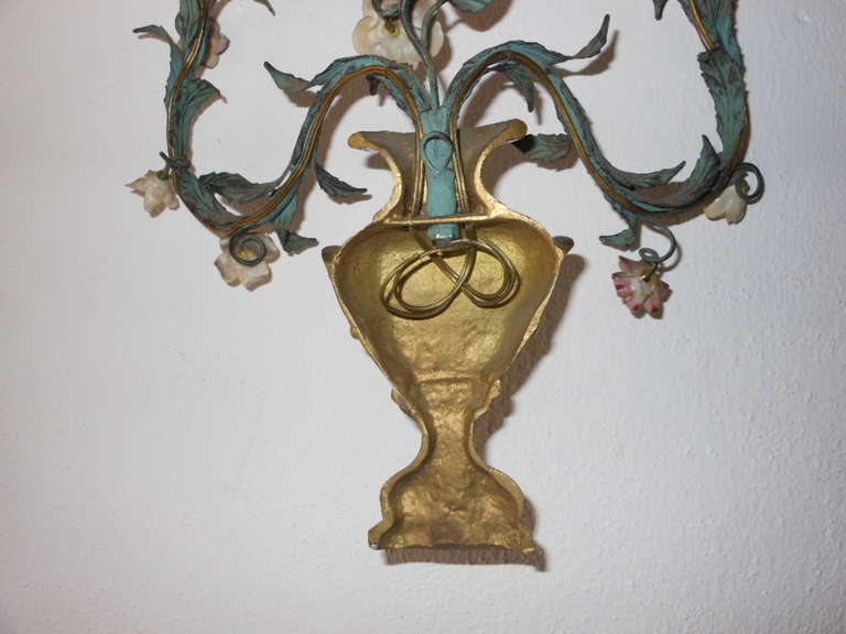 French Bronze Urns, Porcelain Roses Sconces 6