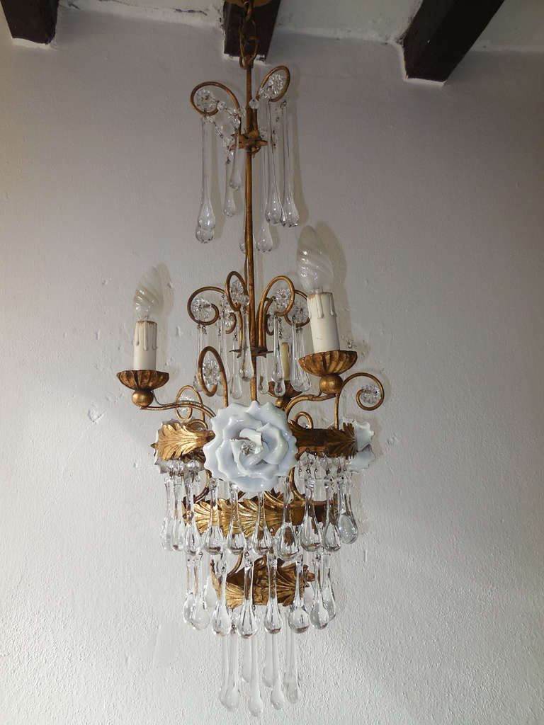 Italian White Rose Murano Drops Tole Tiered Gold Gilded Chandelier
