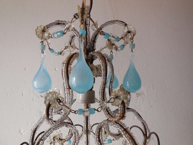 French Blue Opaline Drops & Beads Petit Chandelier Vintage In Excellent Condition In Modena (MO), Modena (Mo)