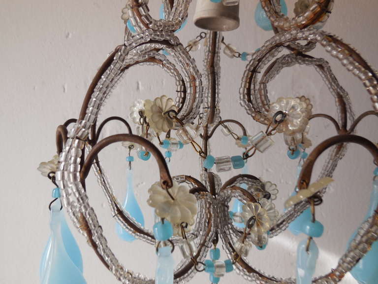 Metal French Blue Opaline Drops & Beads Petit Chandelier Vintage