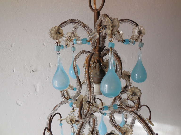 French Blue Opaline Drops & Beads Petit Chandelier Vintage 3