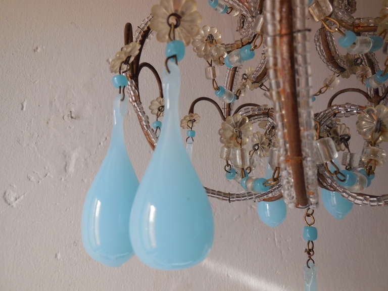 French Blue Opaline Drops & Beads Petit Chandelier Vintage 4