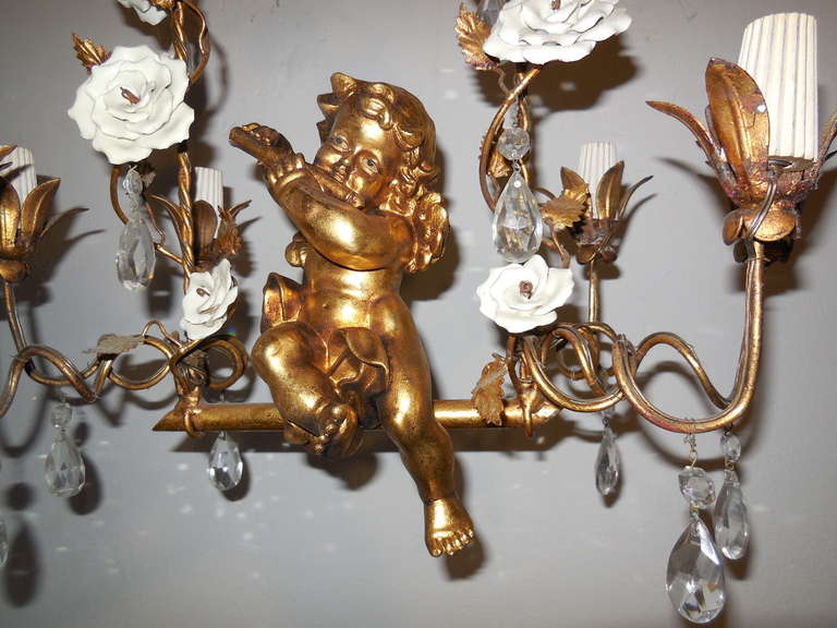 Mid-20th Century Italian Gold Swinging Cherub Tole Porcelain Roses Chandelier