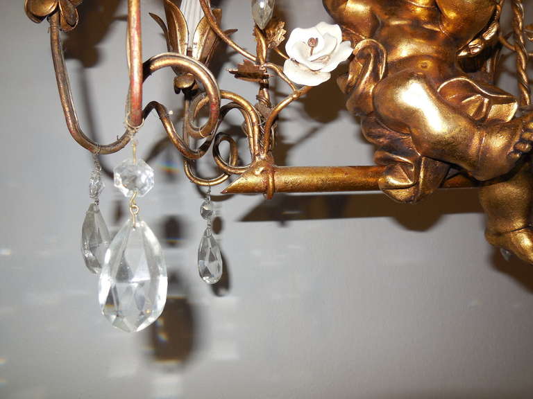 Italian Gold Swinging Cherub Tole Porcelain Roses Chandelier 2