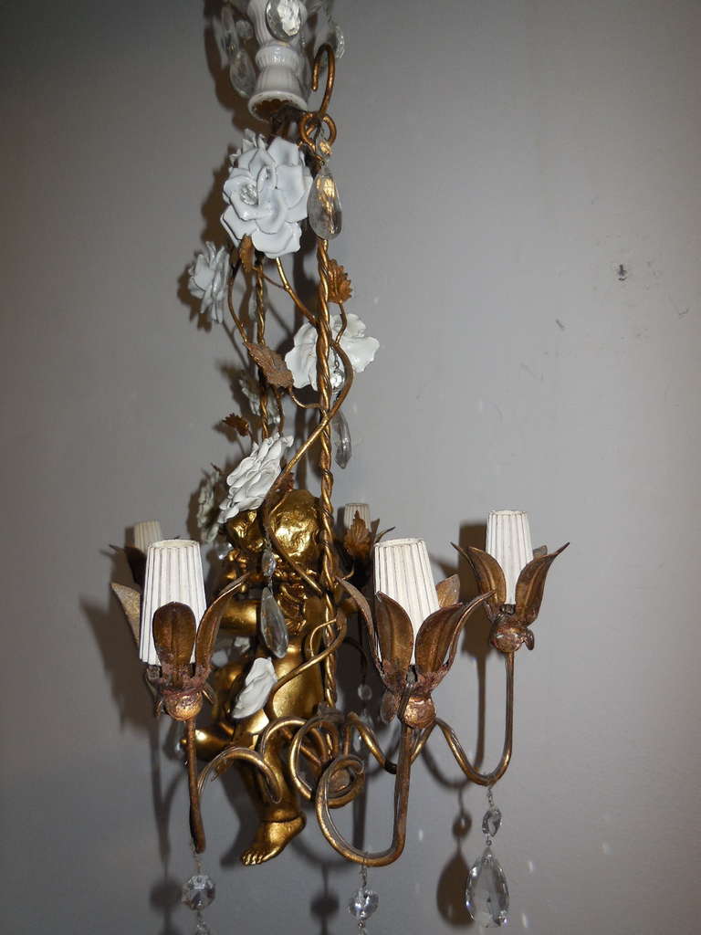 Italian Gold Swinging Cherub Tole Porcelain Roses Chandelier