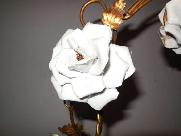 Italian Gold Swinging Cherub Tole Porcelain Roses Chandelier 5