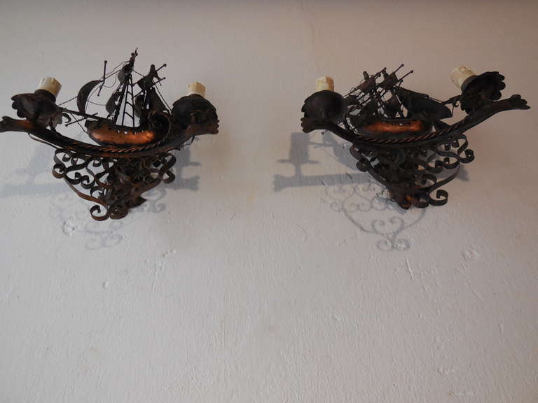 French Pair Wrought iron Nautical Ship Sconces In Fair Condition In Modena (MO), Modena (Mo)