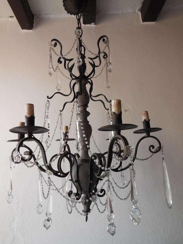 c 1920 Florentine Gray Wooden Wrought Iron Crystal Prisms Swags Chandelier