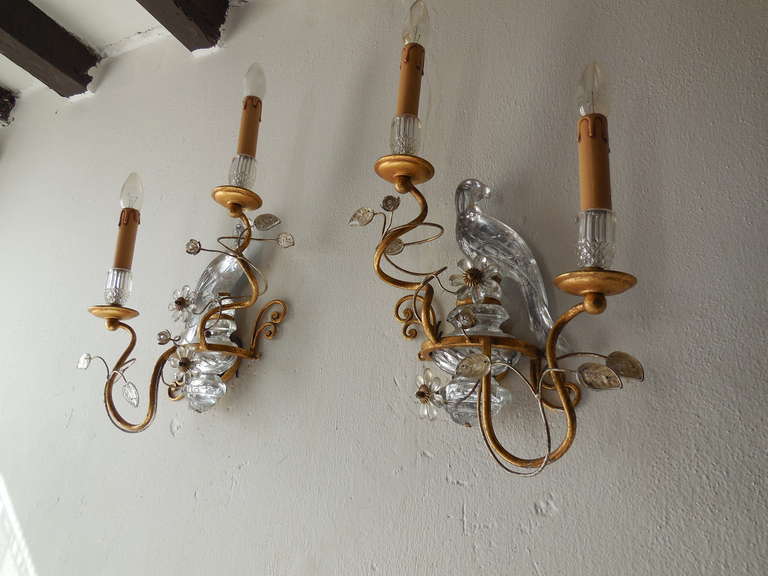 Italian Crystal Bird Prisms Flower Sconces at 1stdibs