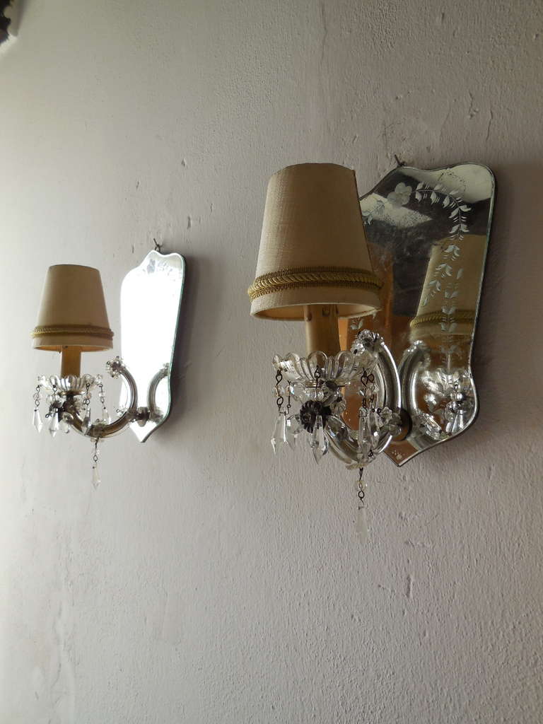 Italian Crystal Prisms Etched Mirror Sconces