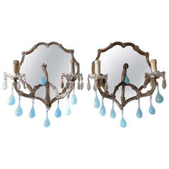 Italian Huge Mirrored Blue Opaline Drops Beads Bobeches Crystal Sconces