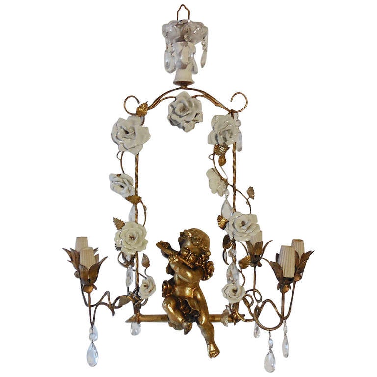 Italian Gold Swinging Cherub Tole Porcelain Roses Chandelier At 1stdibs Italian Gold Swinging Cherub Tole Porcelain Roses Chandelier For